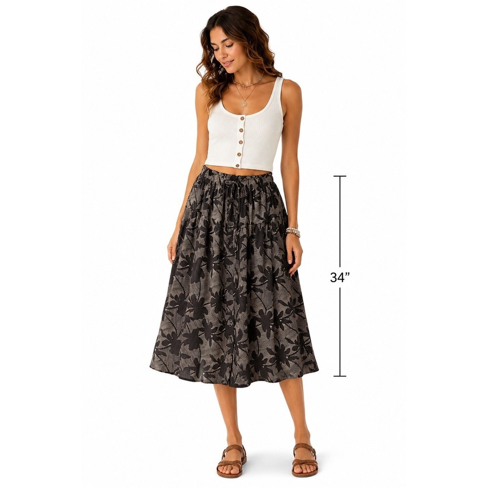 Universal Threads Boho Floral Hutton Front Pockets Midi Skirt Elastic Waist XXL